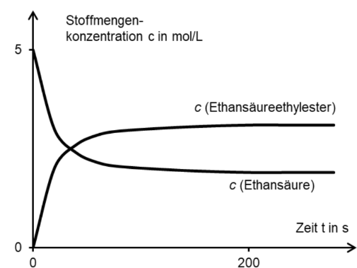 Konzentrations‑Zeit‑Diagramm zweier Kurven (Ethansäureethylester, Ethansäure), Kreuzung und Annäherung an ein Gleichgewicht